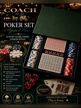NWT Coach Poker Set Green Blue Pebbled Leather Case F63303 Complete Gift Set